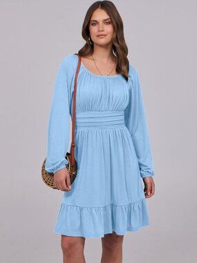 Women's Light Blue Long Lantern Sleeve Ruffle Flowy Swing A-Line Short Dress
